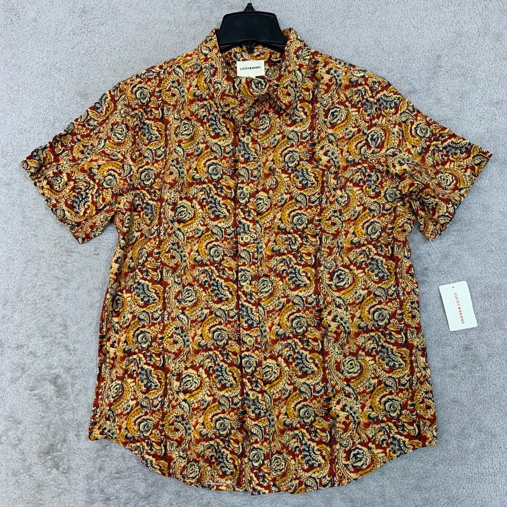 NWT Lucky Brand Button Down Short Sleeve Shirt Men's M Cotton Paisley Print